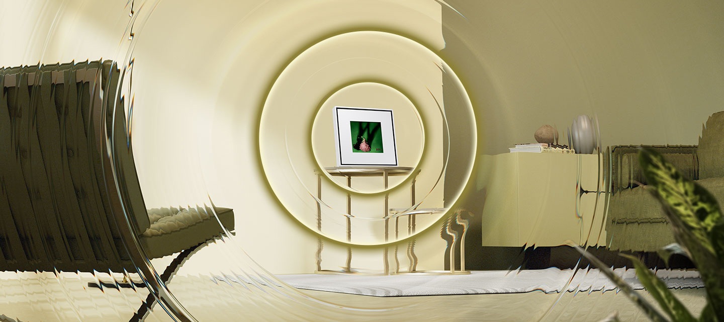 거실 테이블 위에 뮤직 프레임이 올려져 있으며, 뮤직 프레임에서 음파가 발생하고 있는 이미지입니다.