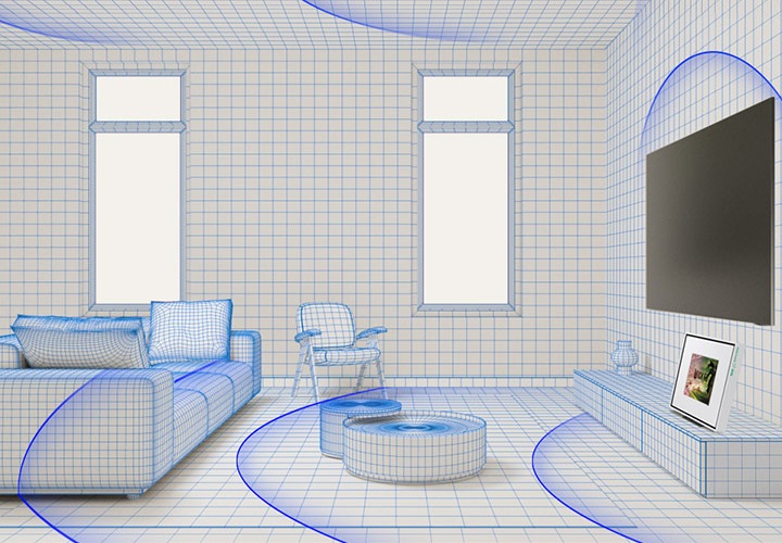 TV가 거실 벽에 설치되어 있으며, TV 아래에는 뮤직 프레임이 장식장 위에 설치되어 있습니다. 뮤직 프레임에서부터 파란 음파가 퍼져서 거실을 뒤덮었습니다.