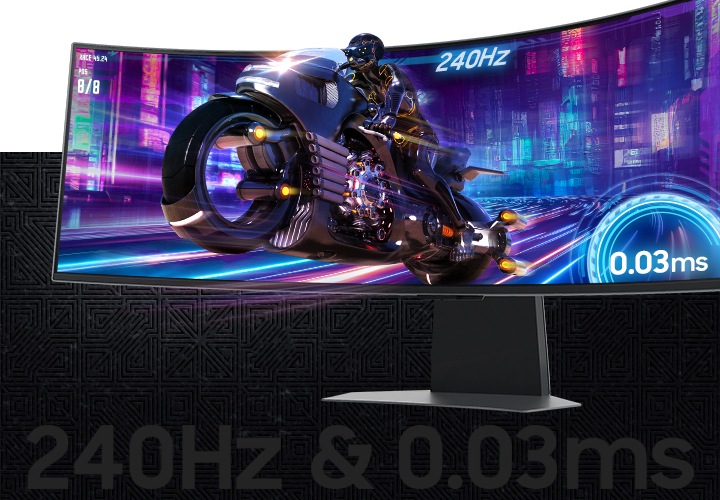 240Hz 주사율과 0.03ms 응답 속도를 나타내는 이미지를 보여주고 있습니다. 화면 속에서 나온 것 같이 보이며 밤거리를 질주중인 바이크를 탄 운전자의 모습을 표현하고 있습니다. 하단에는 360Hz & 0.03ms 로고가 보입니다.