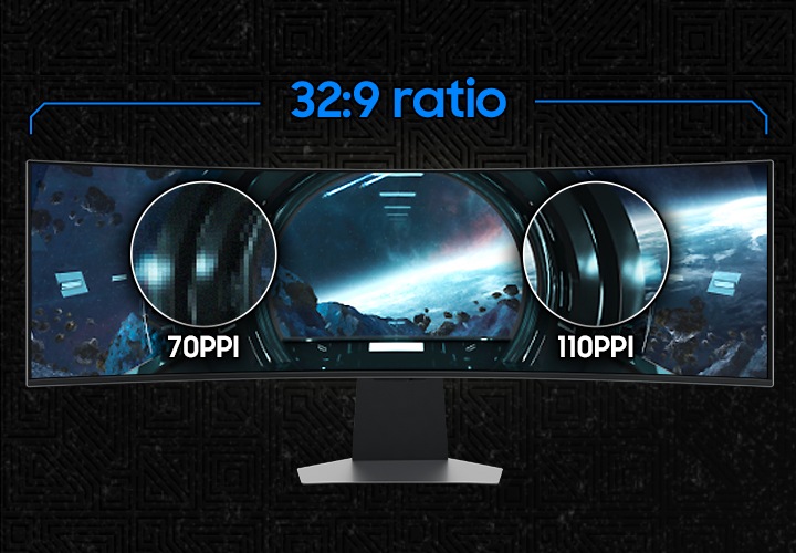 검정색 배경에 모니터가 중간에 놓여있습니다. 화면 위쪽에는 선이 있고 가운데 32:9 ratio라는 문구가 있습니다. 화면에 두 개의 원이 있으며 왼쪽 원아래에는 70 PPI라는 문구가 있고 오른쪽 원 아래에는 110 PPI라는 문구가 있어 둘을 비교하여 보여주고 있습니다.