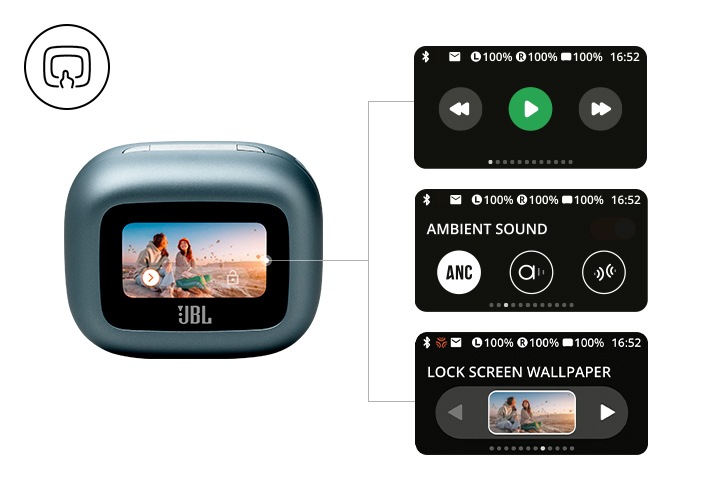 블루 컬러의 제품 윗면컷 오른쪽에 스마트 케이스에서 제어 가능한 디스플레이가 보입니다.