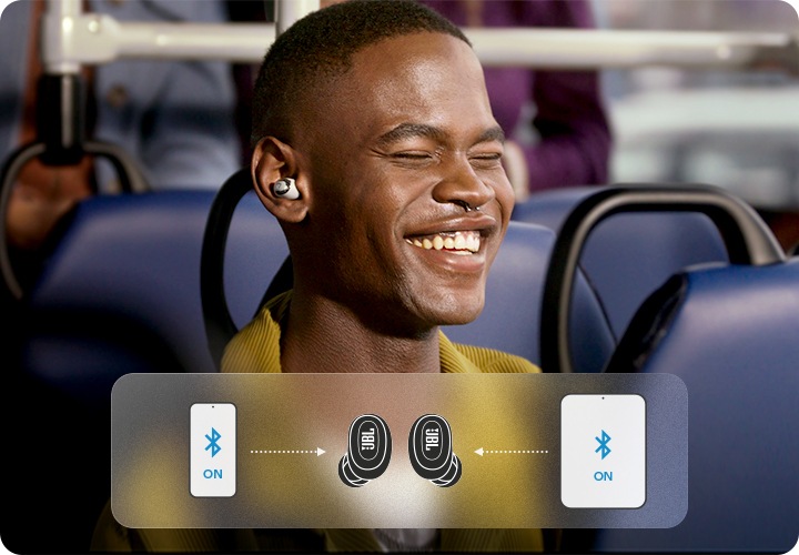 남성이 버스 좌석에 앉아 있으며, 귀에는 이어폰을 착용했습니다. 하단에는 이어폰 왼쪽에는 스마트폰이 오른쪽에는 태블릿이 놓여 있으며 스마트폰과 태블릿에서 이어폰이 있는 방향으로 화살표가 표시된 이미지가 있습니다.