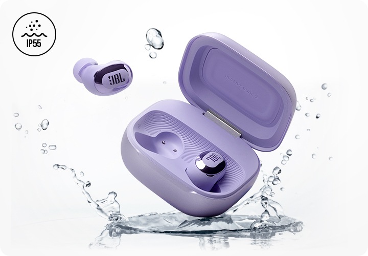 물방울이 보이는 이미지 위로 퍼플 컬러의 제품컷이 올려져 있습니다.