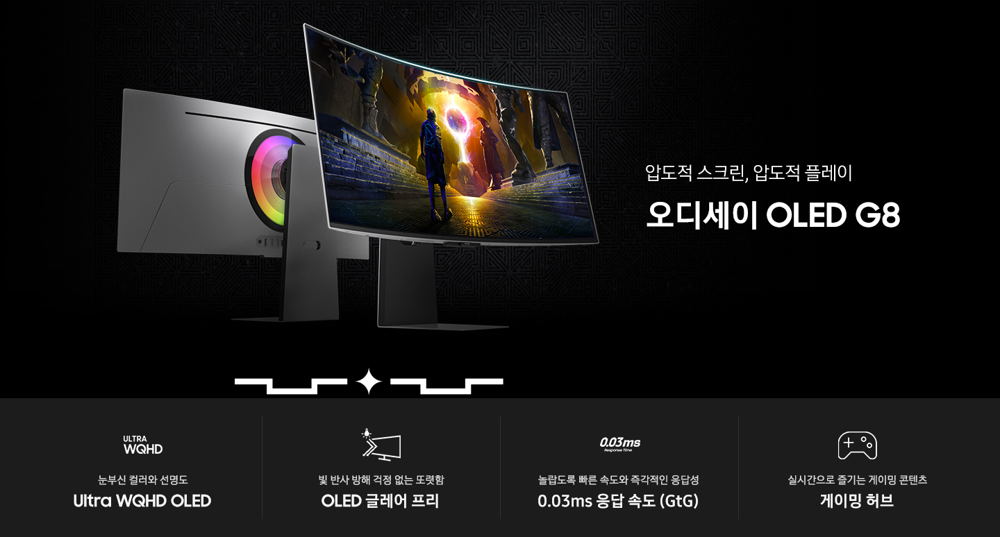 압도적 스크린, 압도적 플레이 오디세이 OLED G8 라는 우측의 타이틀과 함께 좌측에 오디세이 OLED G8 모니터의 정면과 후면이 보여지고 있습니다. 아래에는 눈부신 컬러와 선명도 Ultra WQHD OLED, 빛 반사 방해 걱정 없는 또렷함 OLED 글레어 프리, 놀랍도록 빠른 속도와 즉각적인 응답성 0.03 ms 응답속도 (GtG), 실시간으로 즐기는 게이밍 콘텐츠 게이밍 허브 총 4개의 주요 특장점을 안내하고 있습니다.