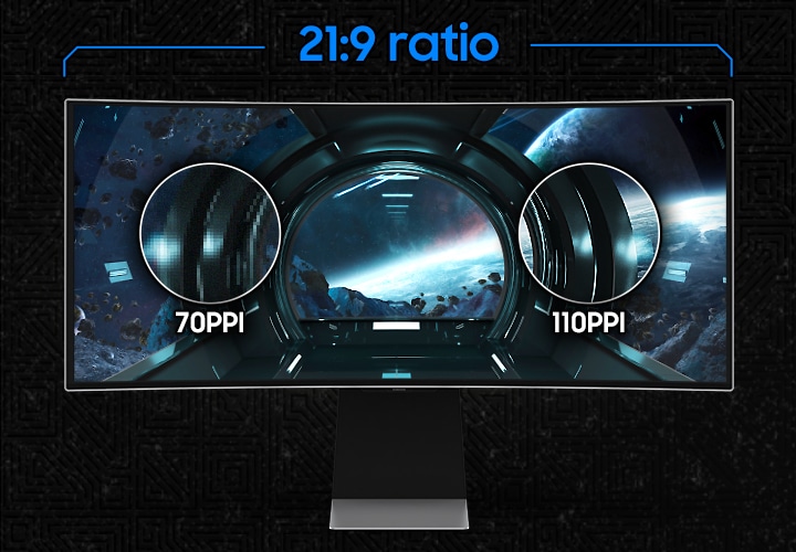 OLED G8 모니터화면으로 70ppi 픽셀과 110ppi 픽셀이 어떤 식으로 보여지는지 확대하여 보여주고 있으며, 모니터 상단에는 21:9 비율이 표기되어 있습니다.