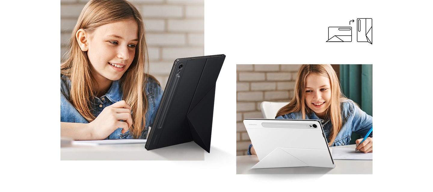 이미지 왼쪽 부분에는 여성이 스마트 북커버를 세로 모드로 세워 사용하고 있는 모습이 보이고 있고 오른쪽 부분에 여성은 가로 모드로 세워 원하는 방향대로 태블릿을 사용하고 있는 모습을 보여주고 있는 이미지입니다.