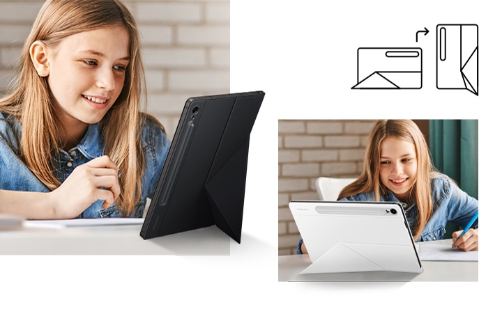 이미지 왼쪽 부분에는 여성이 스마트 북커버를 세로 모드로 세워 사용하고 있는 모습이 보이고 있고 오른쪽 부분에 여성은 가로 모드로 세워 원하는 방향대로 태블릿을 사용하고 있는 모습을 보여주고 있는 이미지입니다.