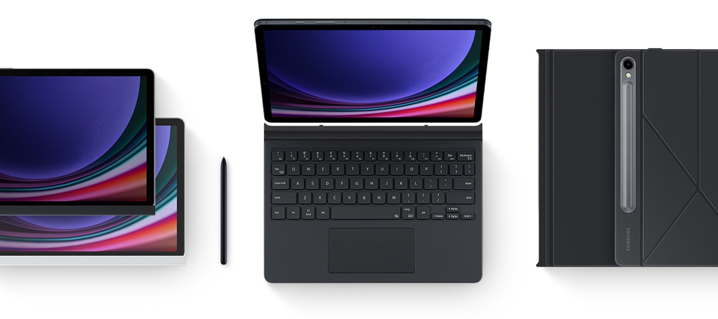 이미지 왼쪽 부분에는 태블릿이 겹쳐져 보이고 있고 이미지 중간 부분에는 자석을 활용한 설계로 후면 커버를 쉽게 탈부착 할 수 있는 것을 보여주는 이미지입니다.