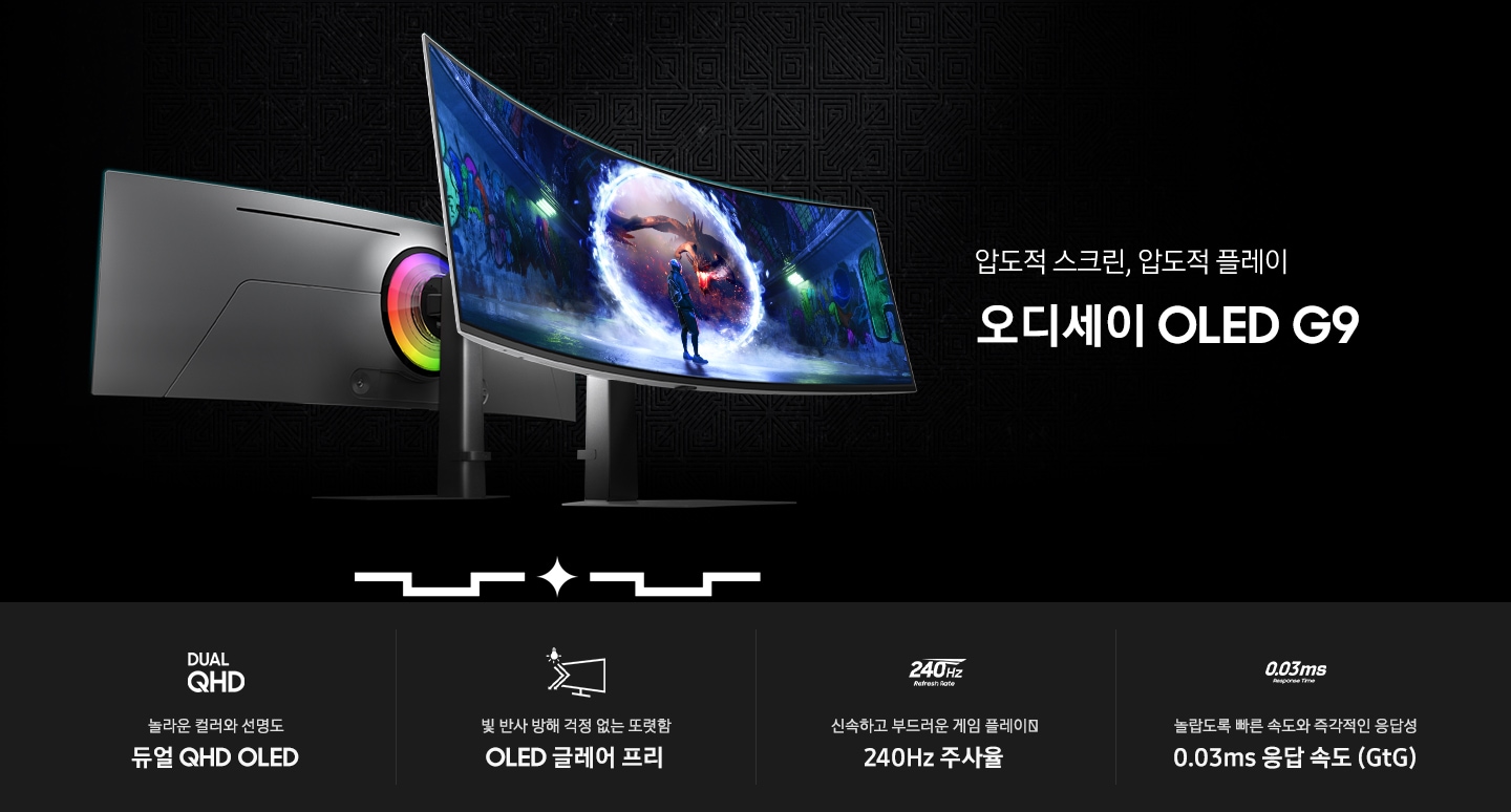 압도적 스크린, 압도적 플레이 오디세이 OLED G9 라는 우측의 타이틀과 함께 좌측에 오디세이 OLED G8 모니터의 정면과 후면이 보여지고 있습니다. 아래에는 눈부신 컬러와 선명도 듀얼 QHD OLED, 빛 반사 방해 걱정 없는 또렷함 OLED 글레어 프리, 신속하고 부드러운 게임 플레이 240 Hz 주사율, 놀랍도록 빠른 속도와 즉각적인 응답성 0.03 ms 응답속도 (GtG) 총 4개의 주요 특장점을 안내하고 있습니다.