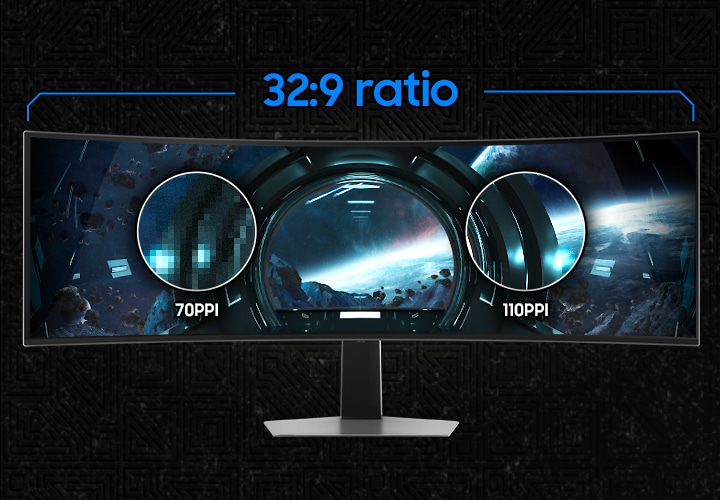 OLED G9 모니터화면으로 70ppi 픽셀과 110ppi 픽셀이 어떤 식으로 보여지는지 확대하여 보여주고 있으며, 모니터 상단에는 32:9 비율이 표기되어 있습니다.