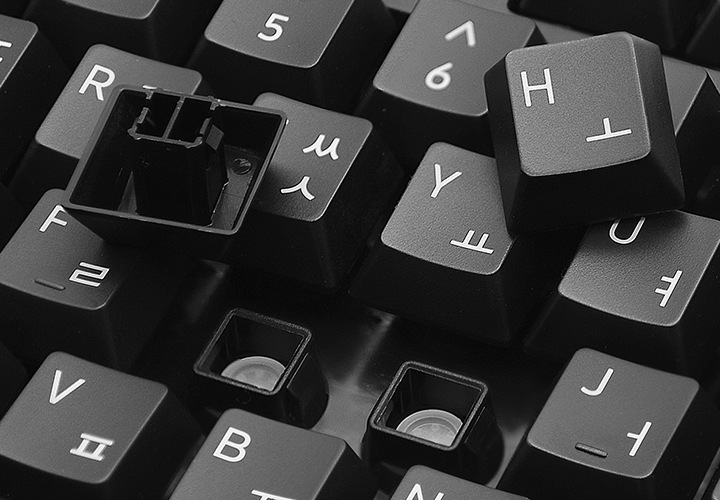 키보드 자판이 확대된 이미지입니다. 키보드의 캡 중 두 개가 빠져 옆에 놓여있습니다.