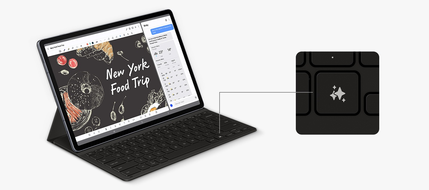 슬림 키보드 북커버를 부착한 갤럭시 탭 S9 이 오른쪽으로 약간 기울어져 있습니다. 분할된 화면에는 노트 어시스트 앱과 빅스비와의 대화가 표시되어 있습니다. Galaxy AI 키가 클로즈업되어 키보드에서의 위치를 강조합니다. 
