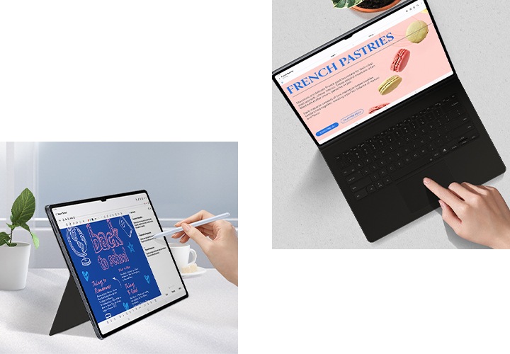 한 사람이 S Pen을 쥐고 키보드 북커버로 세워진 갤럭시 탭 S10 Ultra를 사용하고 있습니다. 화면에는 노트 어시스트 앱이 표시됩니다. 오른쪽에는 갤럭시 탭 S10 Ultra에서 키보드 북커버의 트랙패드를 사용해 노트 어시스트 앱을 사용하는 모습이 탑뷰로 표시됩니다.