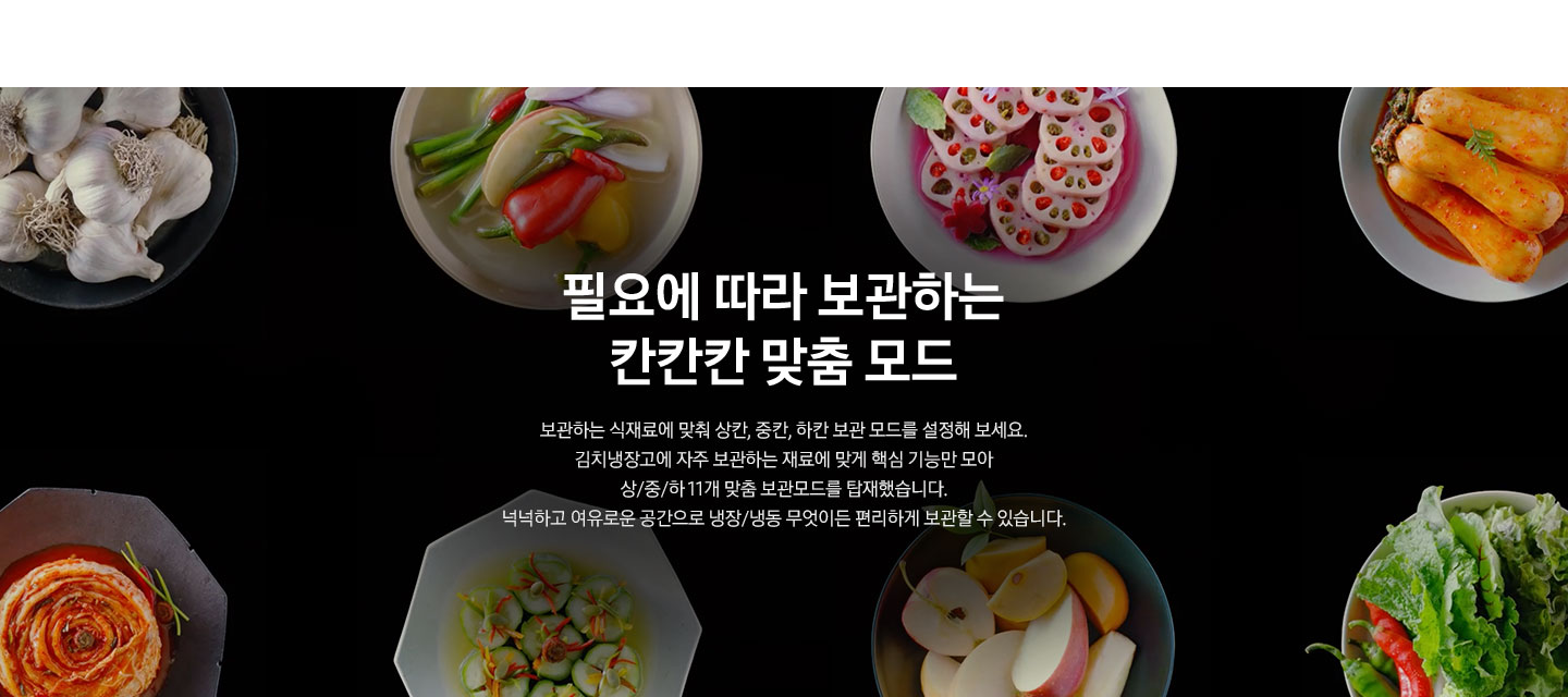 까만색 배경에 마늘, 물김치, 연근장아찌, 총각김치, 배추김치, 오이절임, 사과, 상추푸드컷이 나와있고 그 위에 흰색 문구가 쓰여있습니다. 필요에 따라 보관하는 칸칸칸 맞춤 모드. 보관하는 식재료에 맞춰 상칸, 중칸, 하칸 보관 모드를 설정해 보세요. 김치냉장고에 자주 보관하는 재료에 맞게 핵심 기능만 모아 상/중/하 11개 맞춤 보관모드를 탑재했습니다. 넉넉하고 여유로운 공간으로 냉장/냉동 무엇이든 편리하게 보관할 수 있습니다.