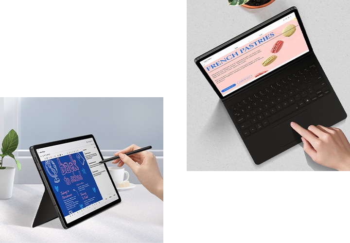 한 사람이 S Pen을 쥐고 키보드 북커버로 세워진 갤럭시 탭 S9을 사용하고 있습니다. 화면에는 노트 어시스트 앱이 표시됩니다. 오른쪽에는 갤럭시 탭 S9에서 키보드 북커버의 트랙패드를 사용해 노트 어시스트 앱을 사용하는 모습이 탑뷰로 표시됩니다. 