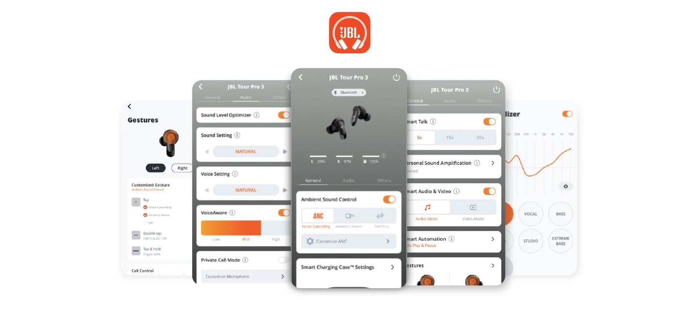 ‘JBL Headphones’앱과 관련된 화면 5개(노이즈 캔슬링 레벨 및 스마트 앰비언트 환경 선택 / 각 이어버드의 착용감과 세부 컨트롤 기능 설정 / 개인 맞춤형 음악 장르 선택 / 개인 맞춤형 음질 설정 등)로 나뉘어 보여지고 있습니다.