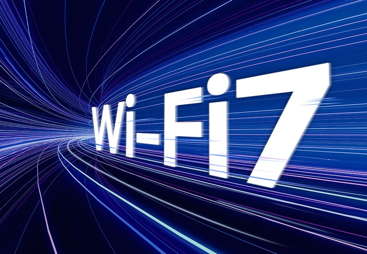 '터널 안에 'Wi-Fi 7'이라는 흰색 글자가 적혀 있고, 그 주위에는 빠른 움직임을 나타내는 다채로운 빛줄기가 지나가며 Wi-Fi 7의 속도를 강조합니다.