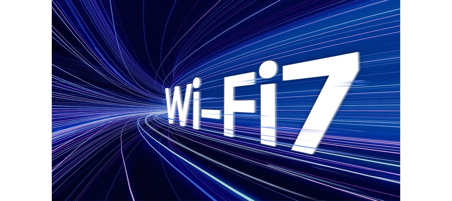 '터널 안에 'Wi-Fi 7'이라는 흰색 글자가 적혀 있고, 그 주위에는 빠른 움직임을 나타내는 다채로운 빛줄기가 지나가며 Wi-Fi 7의 속도를 강조합니다.