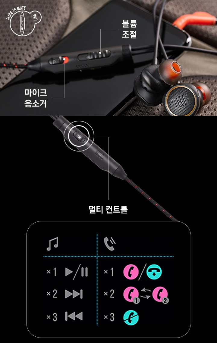 스마트폰과 JBL Quantum 50 제품이 보입니다. 제품 조작부 중 볼륨 조절, 마이크 음소거, 멀티컨트롤이 가능한 기능을 보여줍니다.