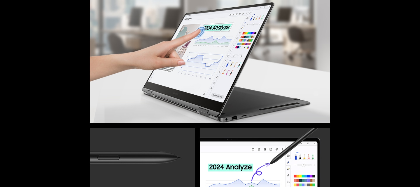 사무실 테이블 위에 갤럭시 북5 Pro 360이 놓여 있고, 왼쪽을 비스듬히 향한 채로 뒤로 접혀 있습니다. 삼성 노트 앱이 실행 중이며, 화면을 손가락으로 터치하고 있습니다. 이미지 하단의 왼쪽에는 클로즈업된 S펜의 버튼과 펜촉이, 오른쪽에는 갤럭시 북5 Pro 360에 S펜으로 화살표를 그리고 있는 모습이 나타납니다.