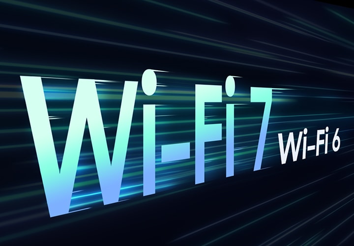 Wi-Fi 7이라는 큰 글자 옆에 작은 Wi-Fi 6이라는 글자가 있고, 그 주위에는 움직임을 나타내는 선이 있어 Wi-Fi 7의 빠른 속도를 강조합니다. 