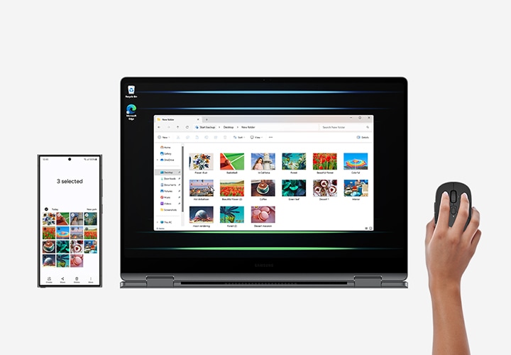 갤럭시 S24 Ultra와 갤럭시 북5 Pro 360이 나란히 배치되어 있습니다. 동일한 마우스로 두 기기를 쉽게 조작하며, 갤럭시 S24 Ultra에서 선택한 이미지를 복사해 갤럭시 북5 Pro 360의 폴더에 붙여 넣는 장면입니다.