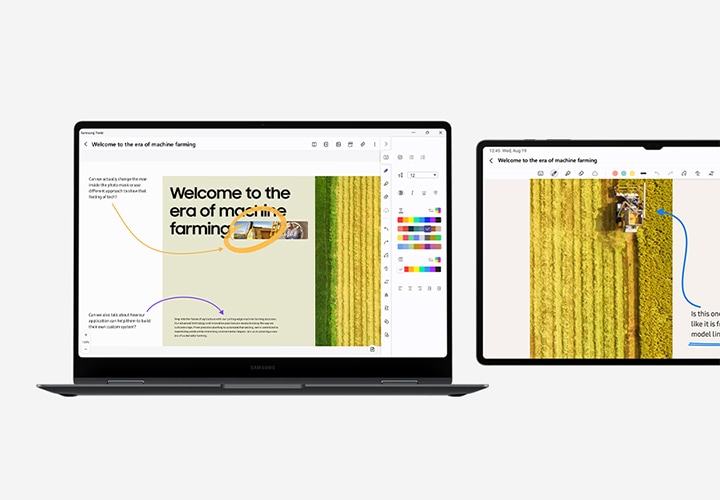 갤럭시 탭 S9 울트라를 갤럭시 북 Pro 360의 듀얼 모니터로 활용하는 모습입니다. 갤럭시 북 Pro 360의 삼성 노트 앱에서 이미지와 텍스트가 표시되고, 가로 모드로 확장된 갤럭시 탭 S9 울트라에는 다른 메모가 나타납니다.
