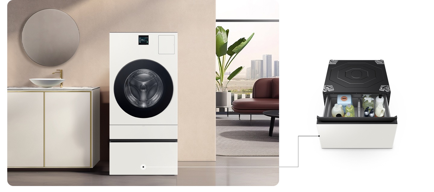 가운데 콤보 제품이 있습니다, 좌측에는 세면대 있고 우측에는 거실뷰가 보입니다. 창밖에는 고층 아파트가 보이고, 실내에는 소파랑 식물이 보입니다. 이미지 옆에는 허리사랑 수납함 확대컷이 보입니다. 수납함 안에는 세제가 있습니다.