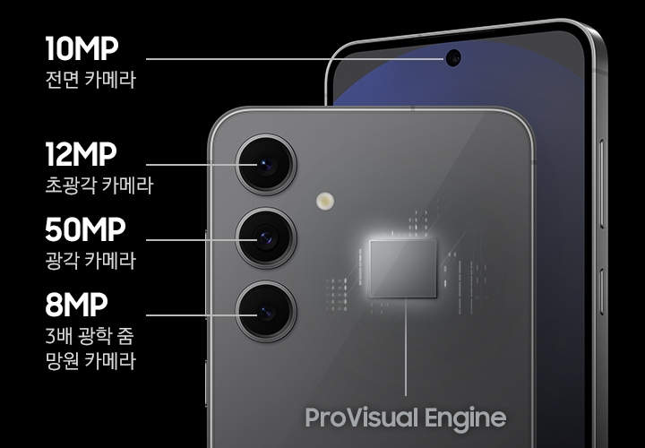 2대의 갤럭시 S24 FE 기기가 앞뒤로 놓여있습니다. 앞쪽  기기는 후면의 12MP  초광각 카메라, 50MP 광각 카메라, 8MP 3배 광학 줌 망원 카메라로 표시된 3개의 카메라를 나타내며, 빛나는 ProVisual Engine을 강조하고 있습니다. 뒤쪽 기기는 전면의 10MP 전면 카메라를 나타내고 있습니다.