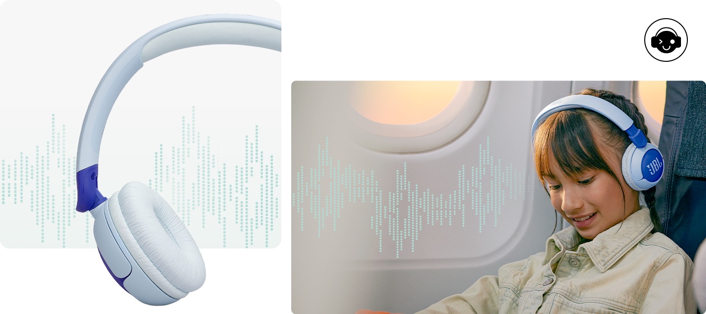 오른쪽에는 제품의 왼쪽 정면 컷이 보이고 있으며, 왼쪽에는 기내에서 제품을 작용한 여자 아이가 보입니다. 