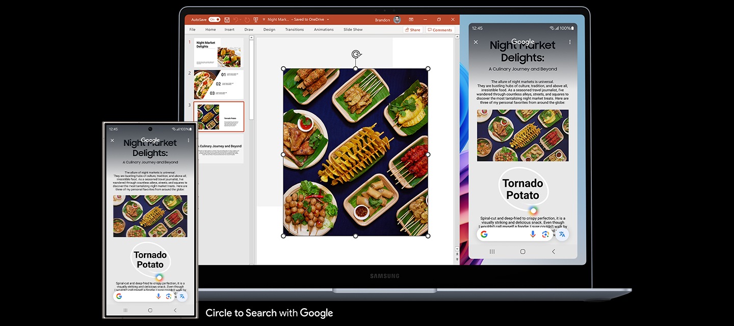 Phone Link 앱을 통해 갤럭시 S24 Ultra와 갤럭시 북4 Edge가 연결되었습니다. 한 사람이 갤럭시 S24 Ultra의 Note Assist를 사용해 음식 이미지를 검색한 다음 복사하여 갤럭시 북4 Edge 화면에 열린 프레젠테이션 파일에 붙여 넣고 있습니다.