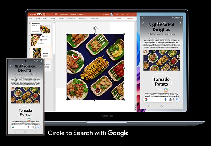 Phone Link 앱을 통해 갤럭시 S24 Ultra와 갤럭시 북4 Edge가 연결되었습니다. 한 사람이 갤럭시 S24 Ultra의 Note Assist를 사용해 음식 이미지를 검색한 다음 복사하여 갤럭시 북4 Edge 화면에 열린 프레젠테이션 파일에 붙여 넣고 있습니다.