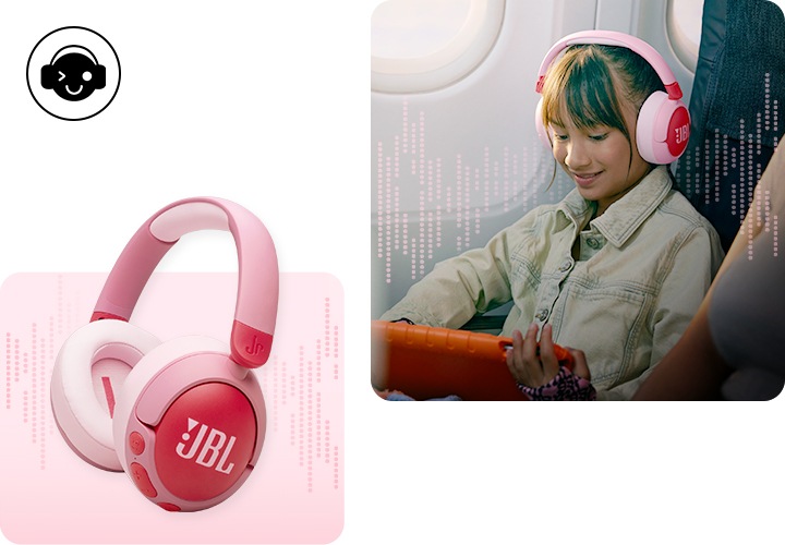 왼쪽에는 제품의 오른쪽 측면 컷이 보이고 있으며, 오른쪽에는 기내에서 제품을 작용한 여자 아이가 태블릿 PC를 보고 있습니다. 