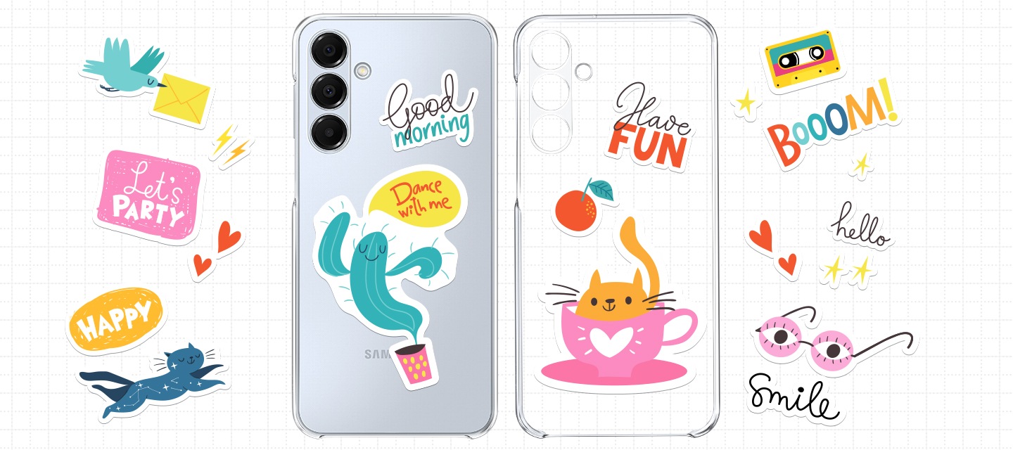 클리어 케이스를 착용한 갤럭시 A16 기기와 스티커로 꾸며진 클리어 케이스가 나란히 있습니다. 주변으로 다양한 스티커가 나타납니다.