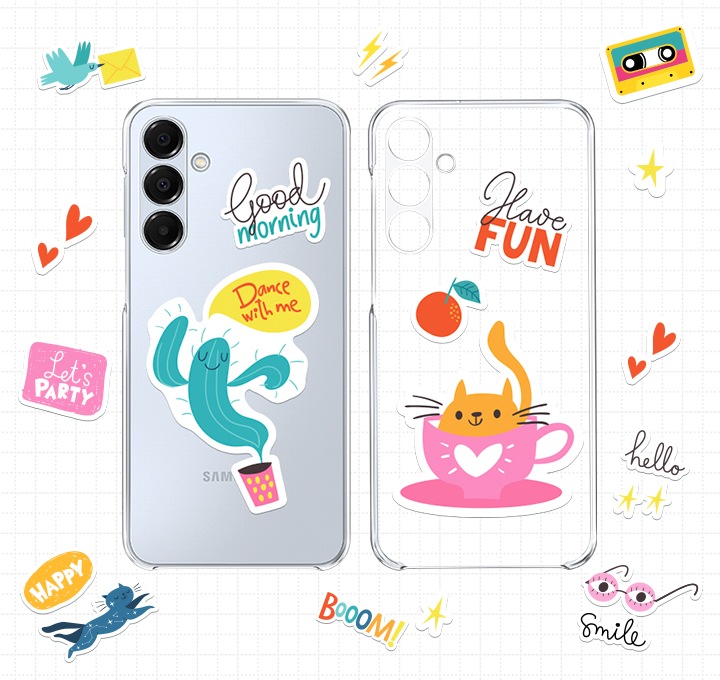 클리어 케이스를 착용한 갤럭시 A16 기기와 스티커로 꾸며진 클리어 케이스가 나란히 있습니다. 주변으로 다양한 스티커가 나타납니다.