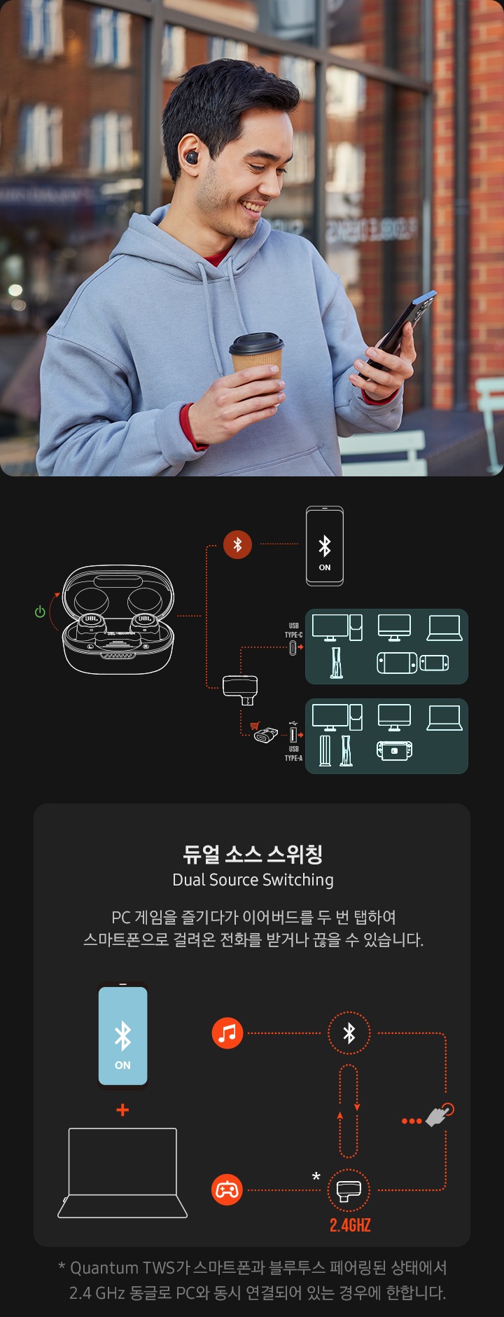 왼쪽 이미지에는 제품의 이어버드를 착용한 남성이 오른손에는 커피를 왼손에는 스마트폰을 들고 있습니다. 오른쪽에는 제품을 스마트폰, PC, 노트북 등 기기에 블루투스 무선 연결하는 방법과 USB 동글로 연결하는 방법이 설명되어 있습니다. 하단에는 듀얼 소스 스위칭에 대해 설명이 되어 있습니다. (듀얼 소스 스위칭 : PC 게임을 즐기다가 이어버드를 두 번 탭하여 스마트폰으로 걸려온 전화를 받거나 끊을 수 있습니다. * Quantum TWS가 스마트폰과 블루투스 페이링된 상태에서 2.4GHz 동글로 PC와 동시 연결되어 있는 경우에 한합니다.)