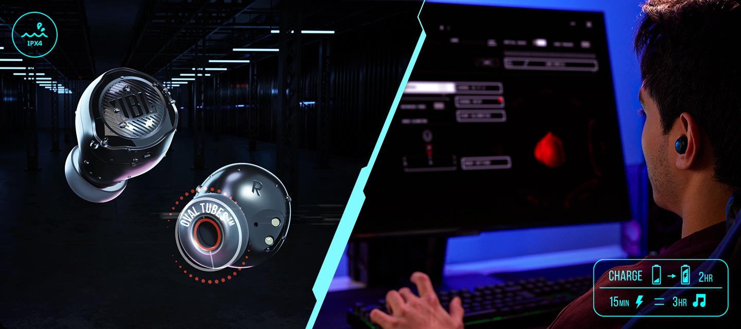 왼쪽에는 이어버드가 보입니다. 오른쪽에는 제품의 이어버드를 착용한 남성이 컴퓨터 게임을 하고 있습니다.