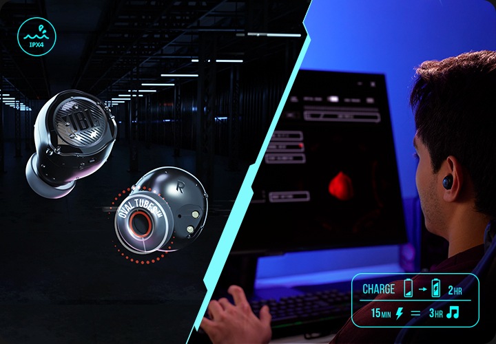 왼쪽에는 이어버드가 보입니다. 오른쪽에는 제품의 이어버드를 착용한 남성이 컴퓨터 게임을 하고 있습니다.