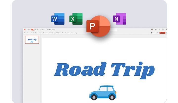 Road Trip이라는 문구가 있는 Power Point 화면과 위쪽에는 네 가지 아이콘이 보입니다.