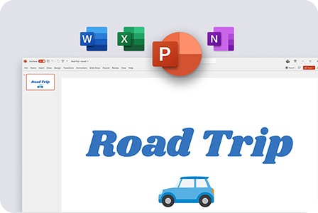 Road Trip이라는 문구가 있는 Power Point 화면과 위쪽에는 네 가지 아이콘이 보입니다.