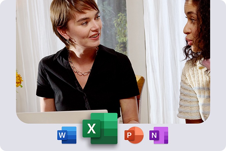 두 여성이 마주보고 대화하는 모습이 보입니다. 왼쪽 여성 앞에는 노트북이 있습니다. 이미지 하단에는 네 가지 아이콘이 보입니다.