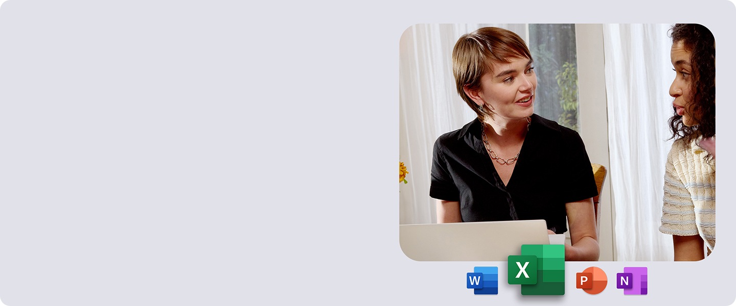 두 여성이 마주보고 대화하는 모습이 보입니다. 왼쪽 여성 앞에는 노트북이 있습니다. 이미지 하단에는 네 가지 아이콘이 보입니다.