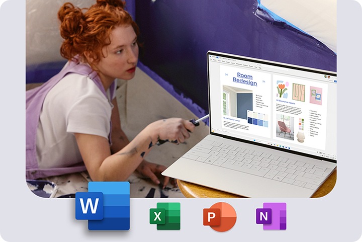한 명의 여성이 바닥에 누워서 벽에 그림을 그리고 있습니다. 이미지 오른쪽에는 갈색의 원형 테이블이 있고 테이블 위에는 노트북이 올려져 있습니다. 이미지 하단에는 네 가지 아이콘이 보입니다.