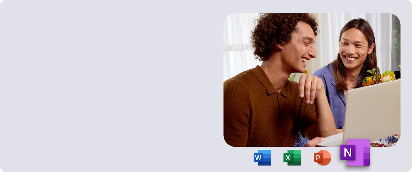 두 사람이 웃으며 대화하고 있습니다. 한 사람은 노트북을 들고 있습니다. 이미지 하단에는 네 가지의 아이콘이 보입니다.