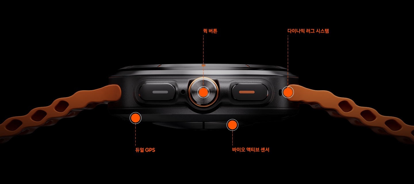 갤럭시 워치 울트라의 티타늄 바디 특징을 설명하기 위한 워치의 측면이 보여집니다. 듀얼 GPS, 퀵 버튼, 바이오 액티브 센서, 다이나믹 러그 시스템