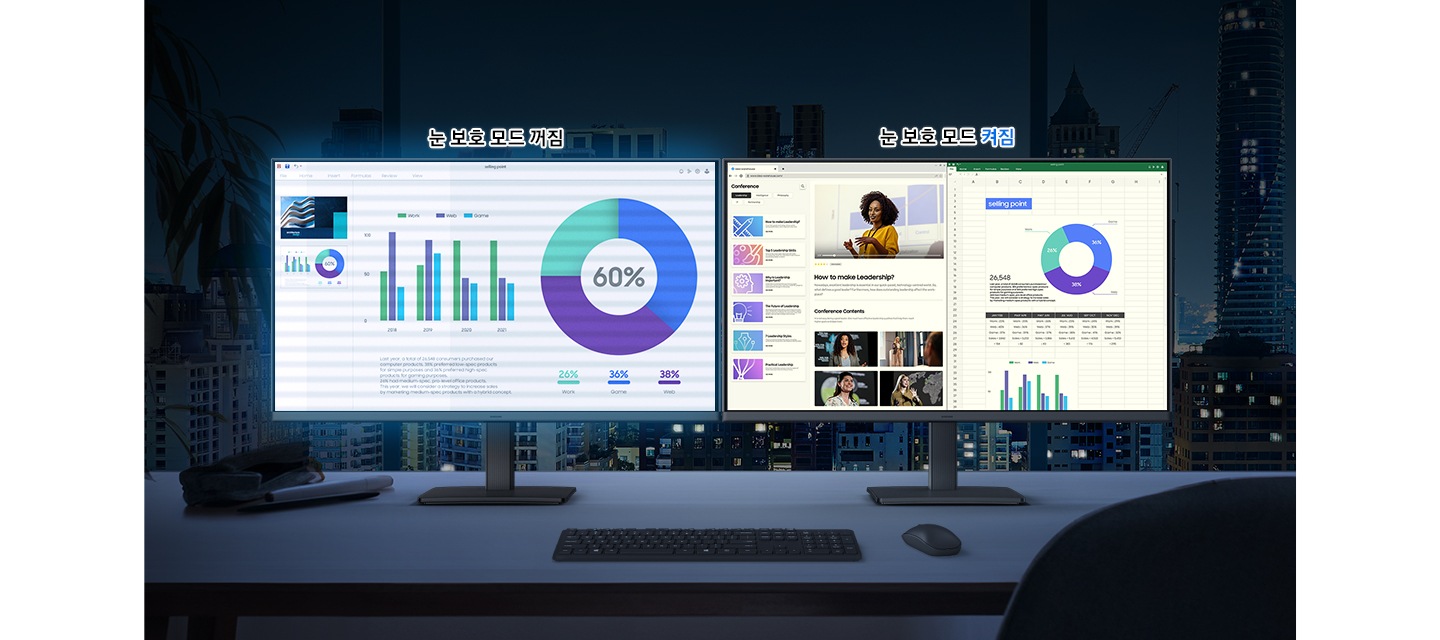 어두운 도시 풍경과 함께 희미하게 책상이 보이고, 책상 위엔 마우스 및 키보드와 모니터 2대가 보입니다. 모니터 2대의 화면에는 각각 마이크로소프트 액셀 작업 창이 열려 있습니다. 왼쪽의 모니터 화면에는 새하얀 작업창이 보이고, 모니터 위에는 눈 보호 모드 꺼짐 이라는 문구가 보입니다. 오른쪽의 모니터 화면에는 상대적으로 희미한 노랑빛이 감도는 하얀 작업창이 보이고, 모니터 위에는 눈 보호 모드 켜짐 이라는 문구가 보입니다.
