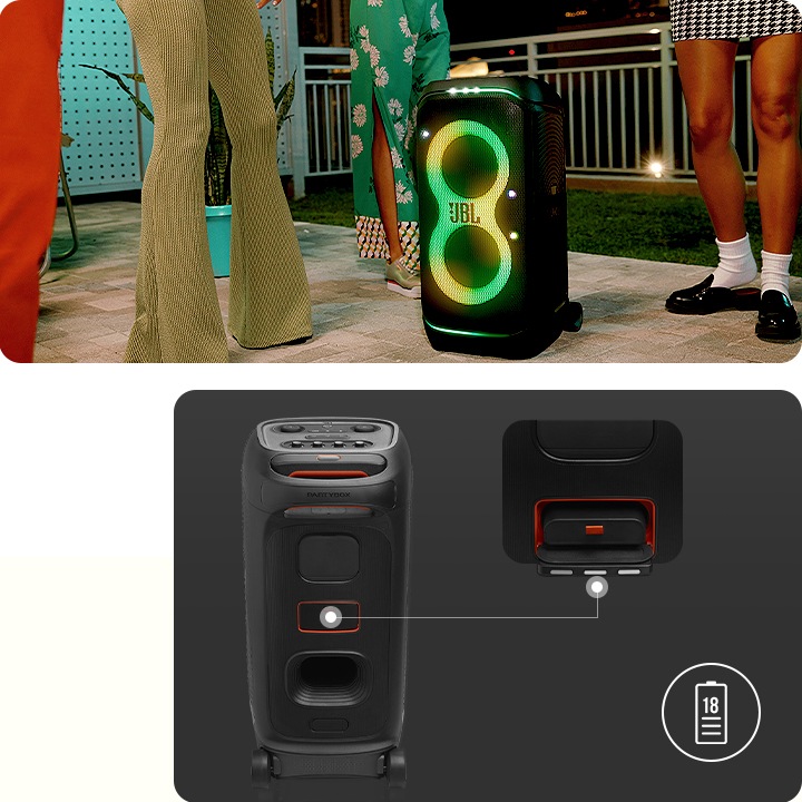 왼 : 제품 주변에 사람들이 있습니다. 오 : 제품의 뒷면과 교체용 배터리가 보입니다.