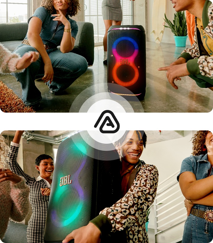 왼 : 제품 옆에 여성이 않아 있습니다. 오 : 남성이 제품을 들고 있고 그 뒤에서 여성이 신나게 손을 들고 있습니다.