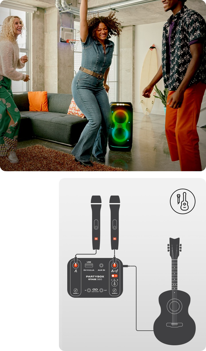 왼 : 제품 주변에 여성 두명이 마이크를 들고 있고 주변에 다른 사람들과 신나게 웃고 있습니다. 오 : 제품에 마이크와 기타를 연결하는 방법을 보여주는 이미지가 있습니다.