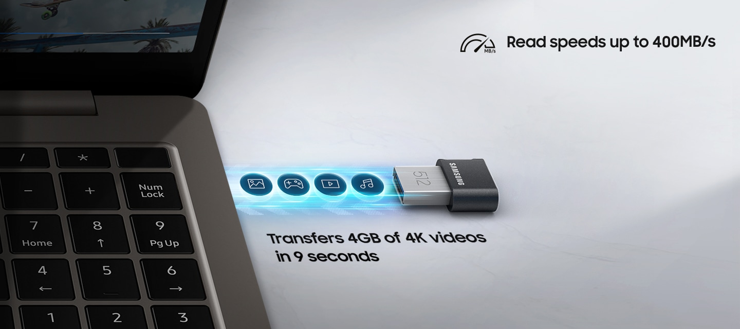 이미지 왼쪽 부분에는 노트북이 열려있는 이미지가 있고 노트북 오른쪽 부분에는 연결되는 느낌을 주려고 파란색으로 불빛이 제품과 노트북을 연결하고 있고&nbsp;파란빛&nbsp;위에는 사진, 게임, 영상, 음악 아이콘이 왼쪽에서 오른쪽으로 나열되어 있습니다. 파란 불빛 하단에는 Transfers 4 GB of 4K videos in 9 seconds 텍스트가 쓰여 있습니다. 이미지 오른쪽&nbsp;상단부분에는&nbsp;Read speeds up to 400 MB/s, USB 3.2 Gen 1 텍스트가 쓰여 있습니다.